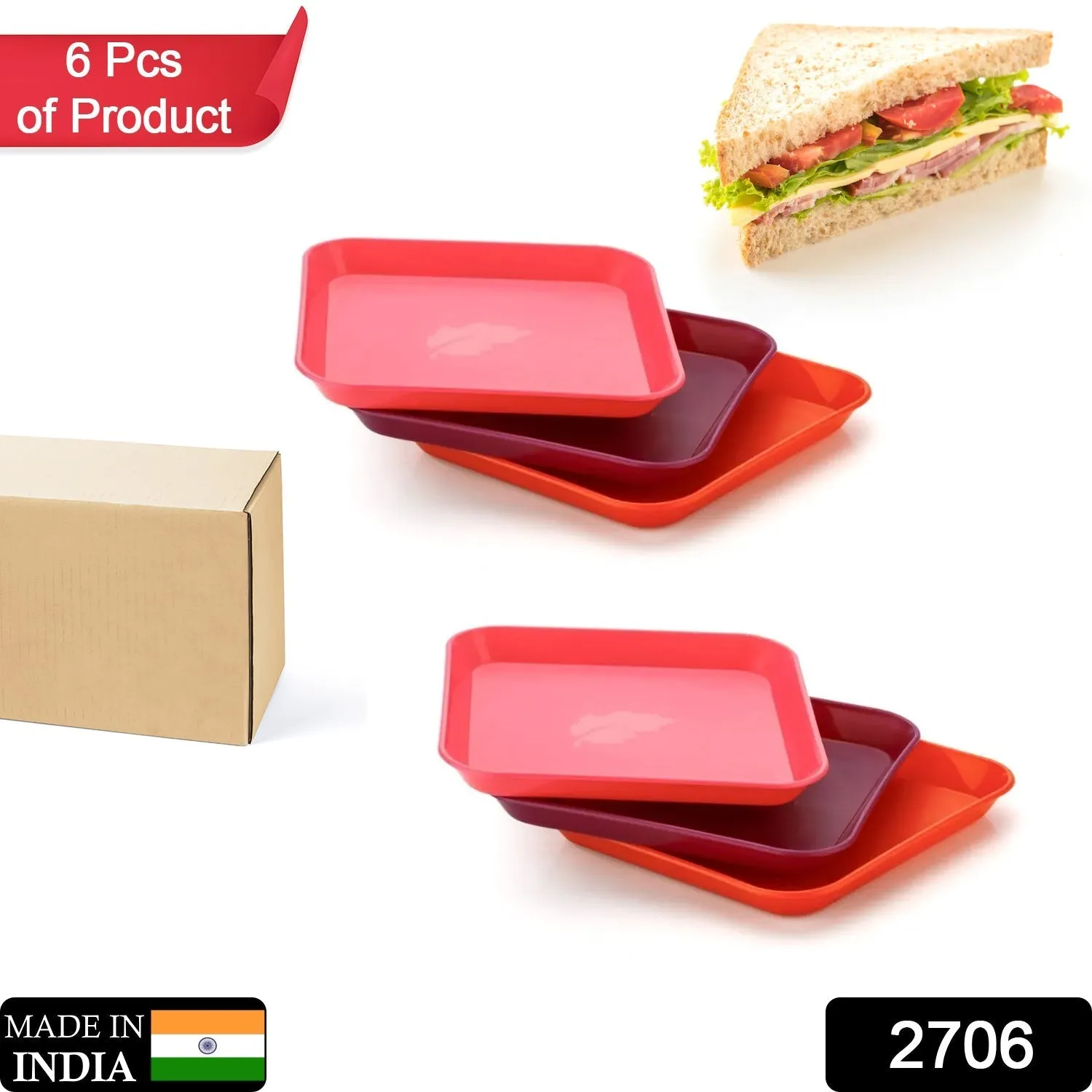 2706 Square Plastic Dinner Plate Set (Set of 6 Pcs) Colorful Snacks  /  Breakfast Plate