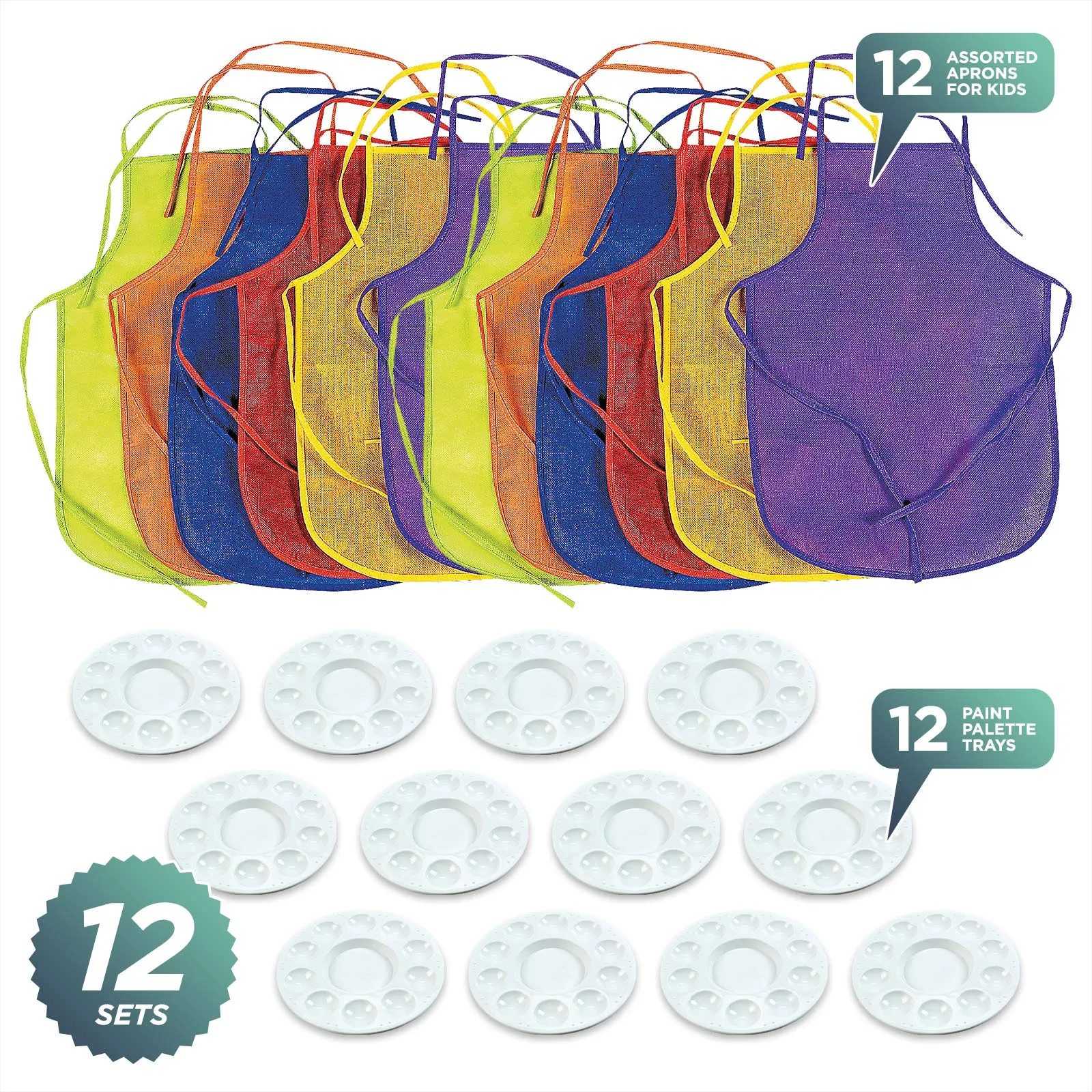 Artist Party Painting Smock Apron and Paint Palette Tray for Kids Art Parties (12 Sets)