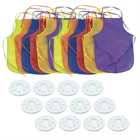 Artist Party Painting Smock Apron and Paint Palette Tray for Kids Art Parties (12 Sets)