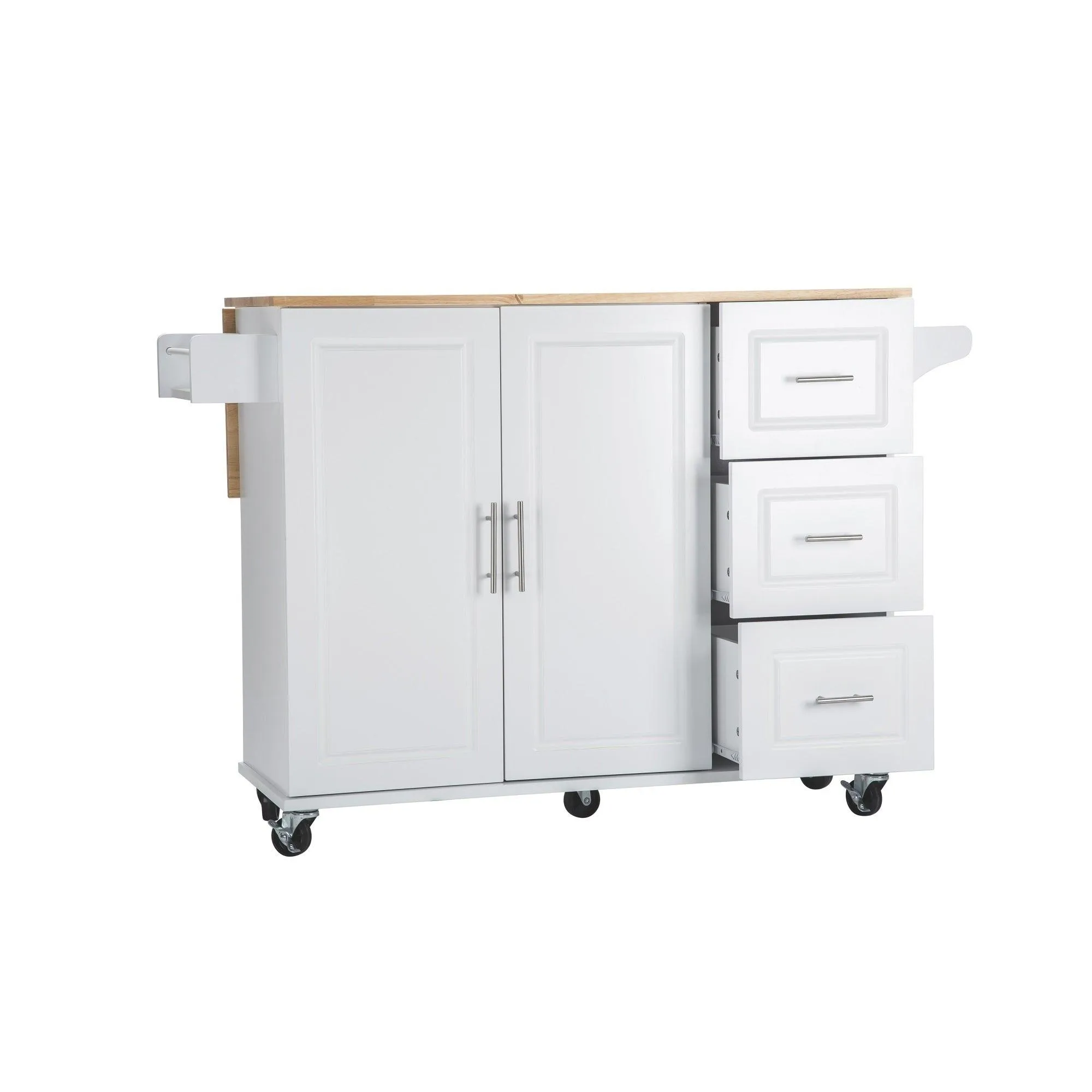 Black-Beech Kitchen Island & Cart, Mobile, with Extendable Rubberwood Top, Adjustable Shelf, 3 Large Drawers, Spice & Towel Racks