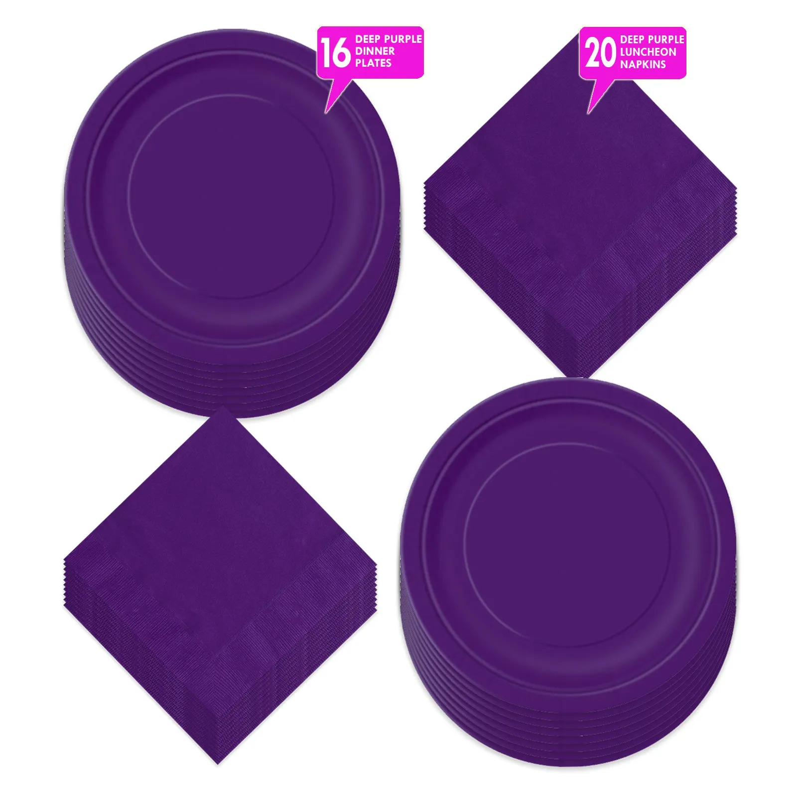 Deep Purple Paper Dinner Plates and Lunch Napkins, Solid Purple Party Supplies and Table Decorations (Serves 16)