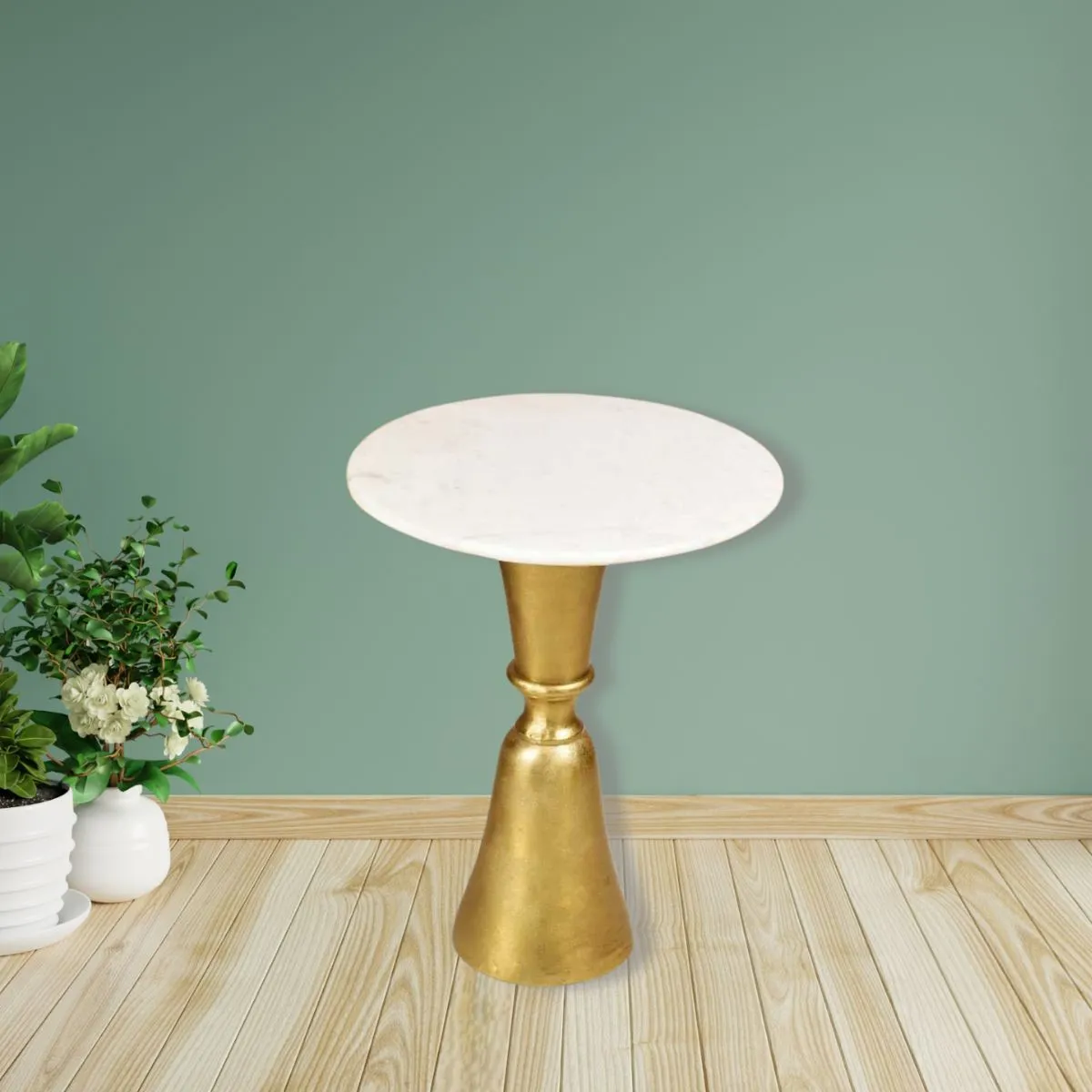 End Table | Minimalist Home Accent | Round Marble Top | Gold Finish Stand | 19"