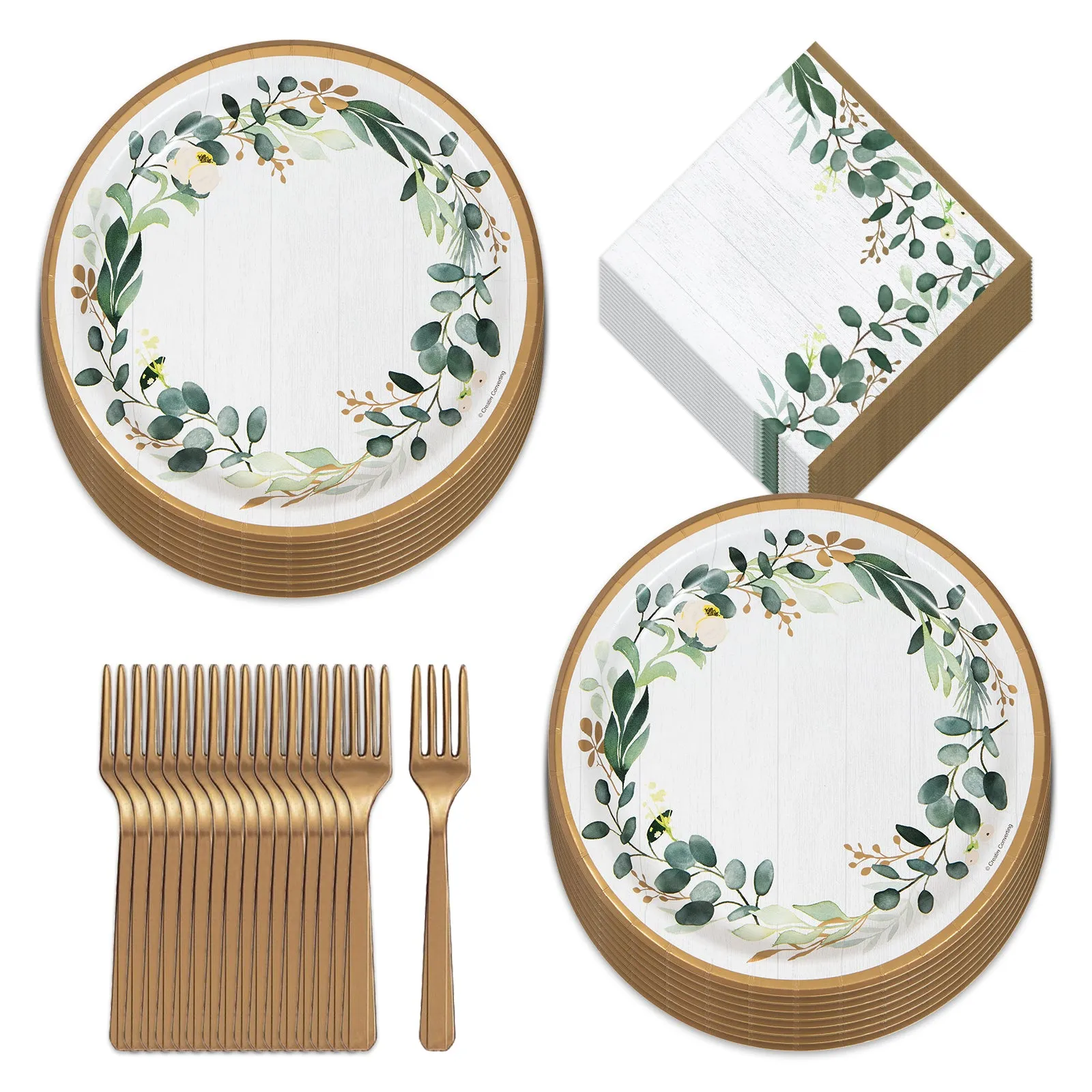 Eucalyptus Greens Garden of Love Bridal Party Supplies - Paper Dinner Plates, Napkins, and Forks (Serves 16)