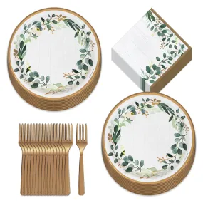 Eucalyptus Greens Garden of Love Bridal Party Supplies - Paper Dinner Plates, Napkins, and Forks (Serves 16)