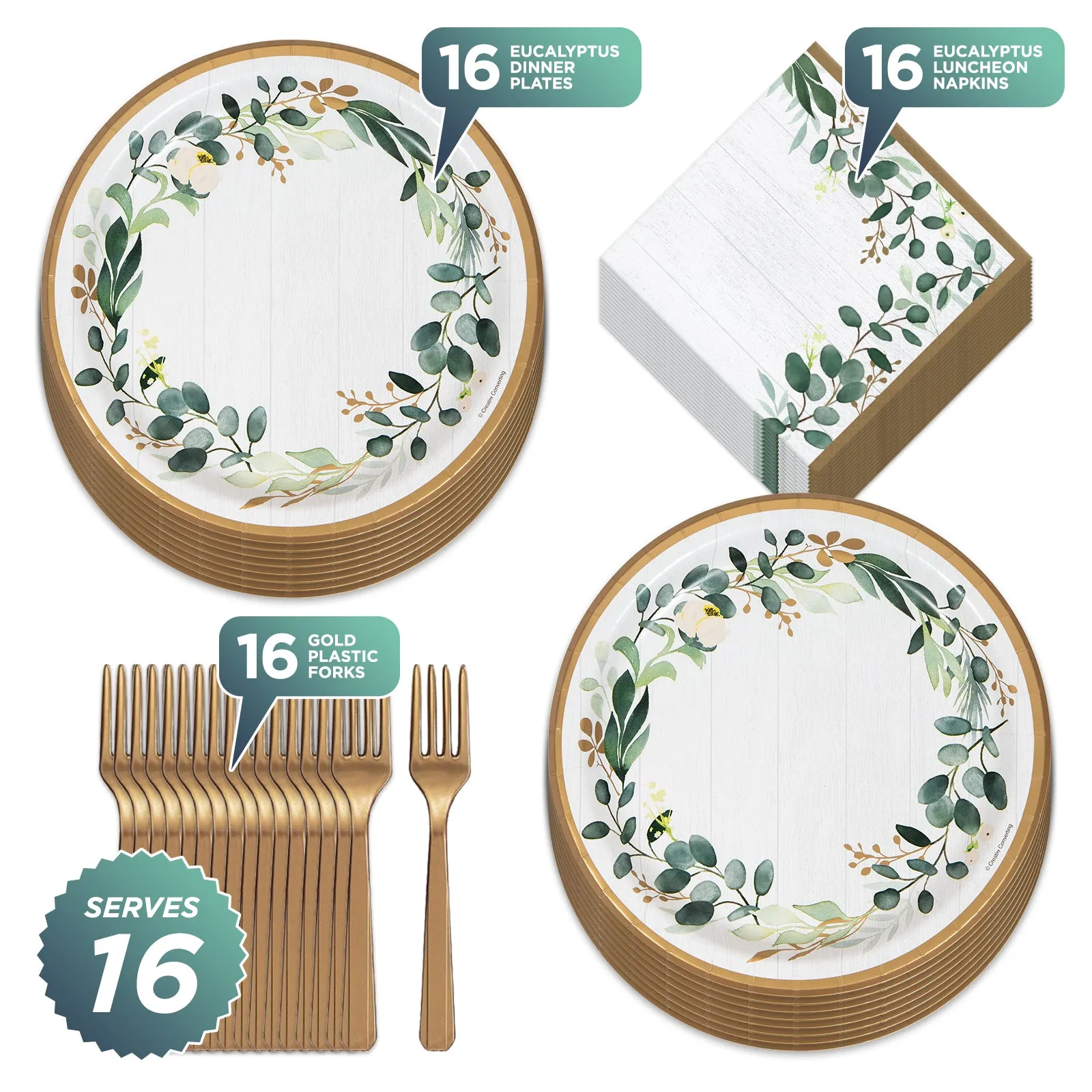 Eucalyptus Greens Garden of Love Bridal Party Supplies - Paper Dinner Plates, Napkins, and Forks (Serves 16)
