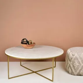 Gold Finish Coffee Table With Round Marble Top | Minimalist Accent | 35" x 14"