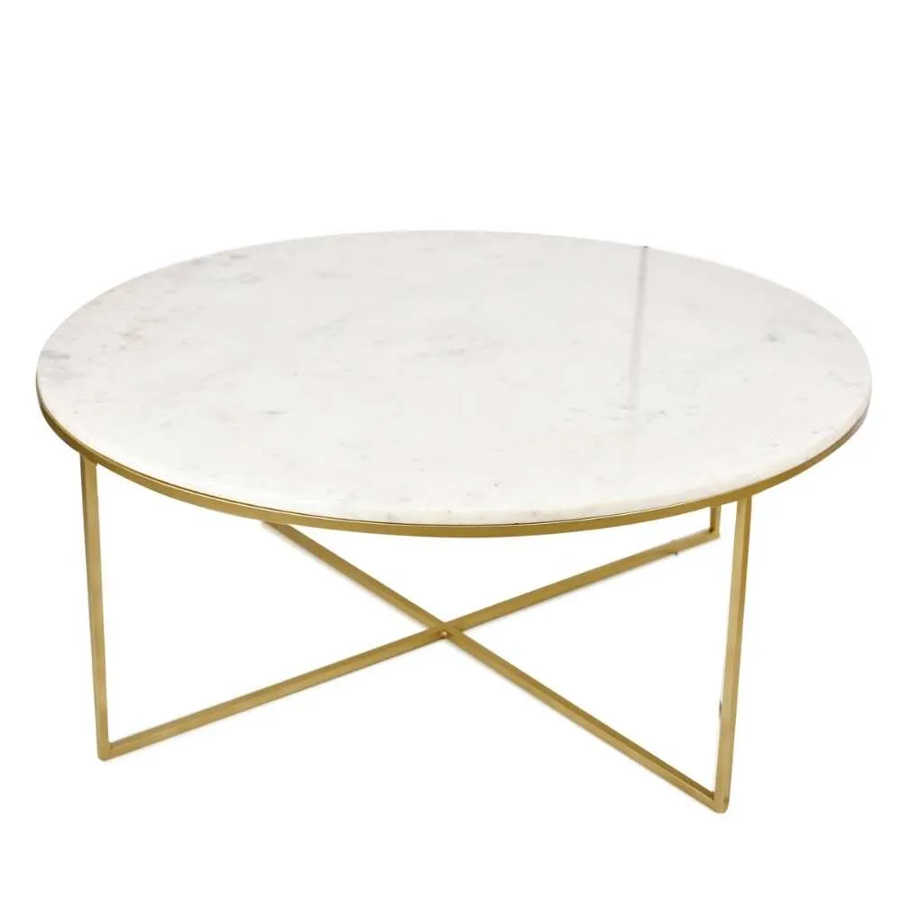 Gold Finish Coffee Table With Round Marble Top | Minimalist Accent | 35" x 14"