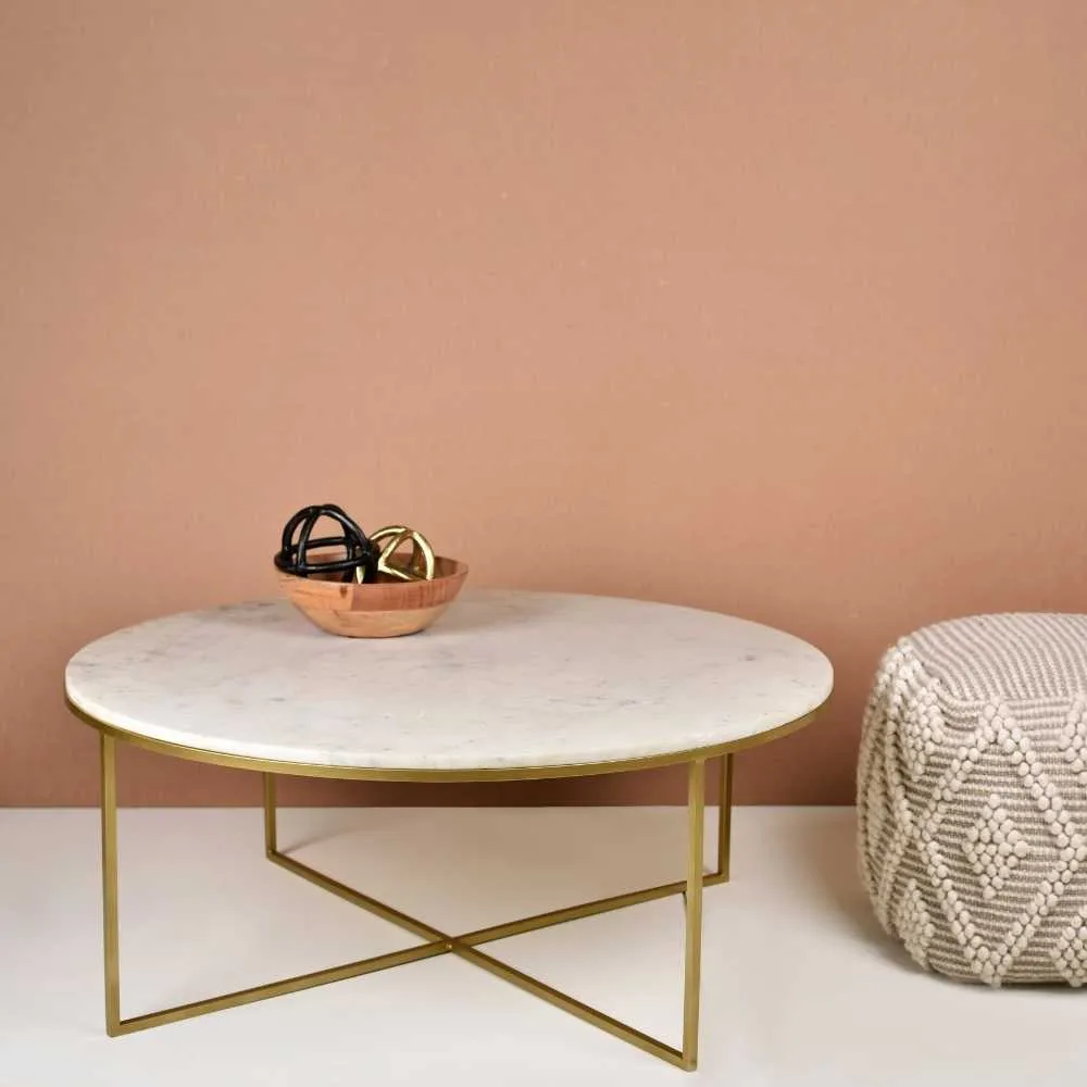 Gold Finish Coffee Table With Round Marble Top | Minimalist Accent | 35" x 14"