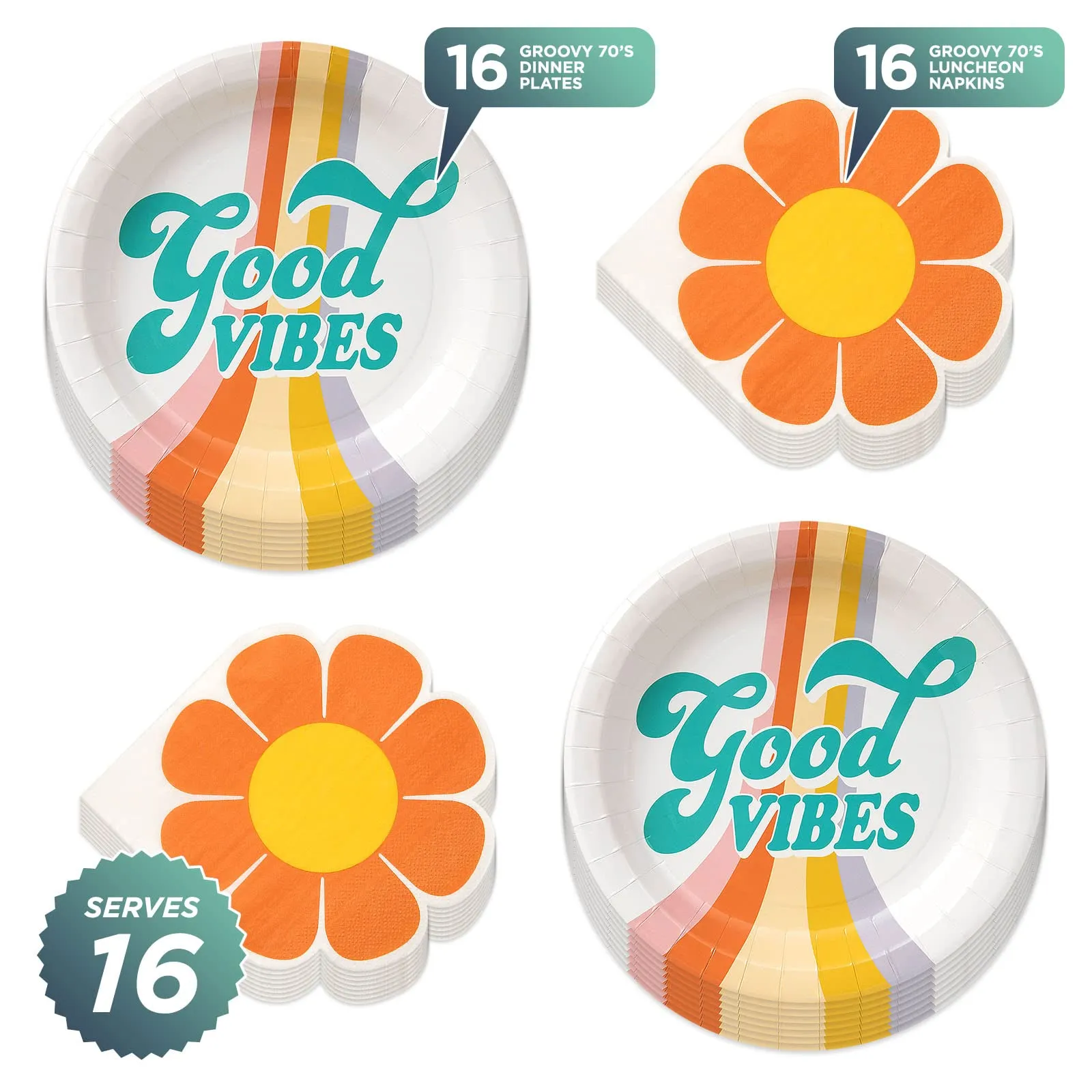Groovy 70's Party Vibes Paper Dinner Plates and Flower Power Lunch Napkins (Serves 16)