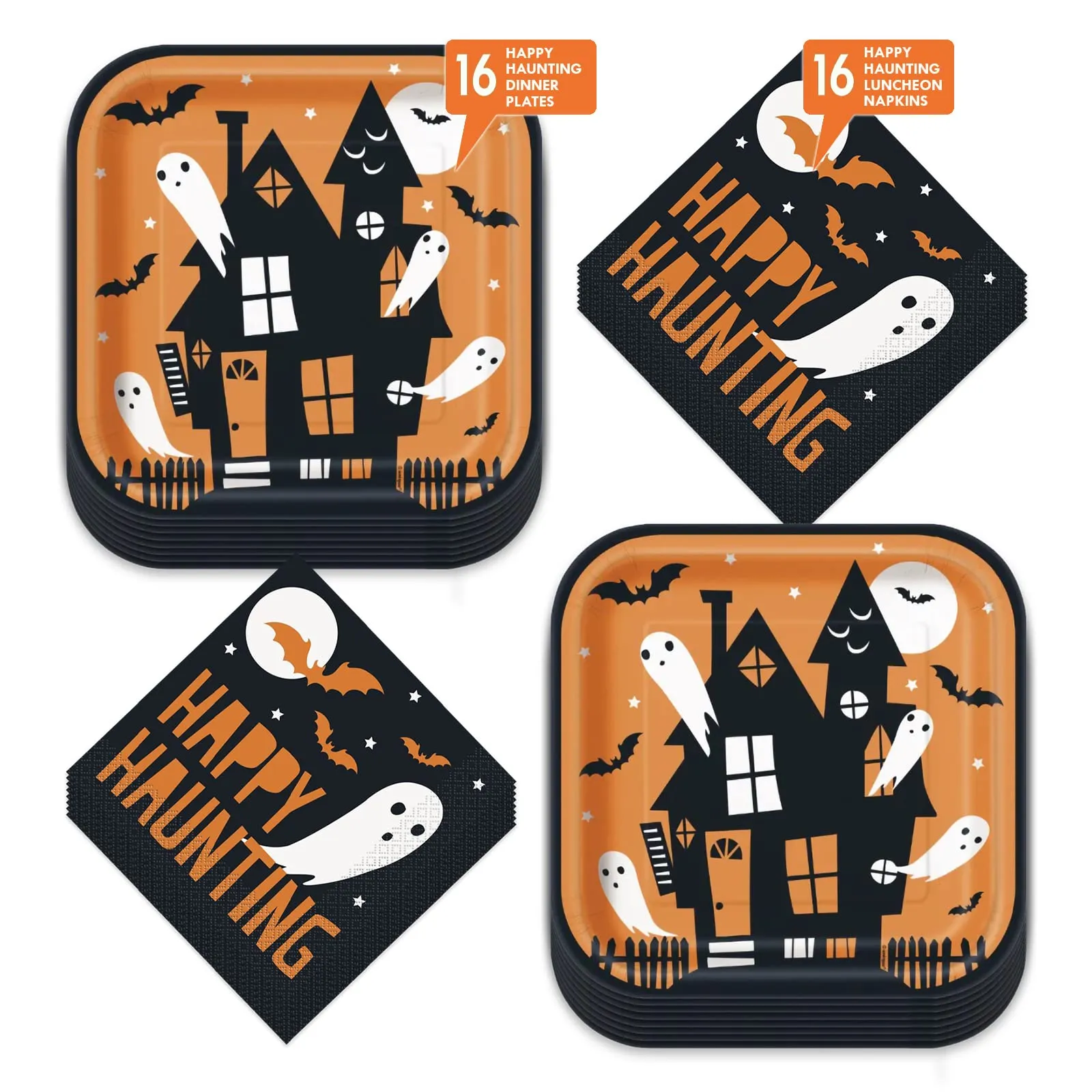 Halloween Party Happy Haunting Bats & Ghosts Square Paper Dinner Plates and Lunch Napkins (Serves 16)