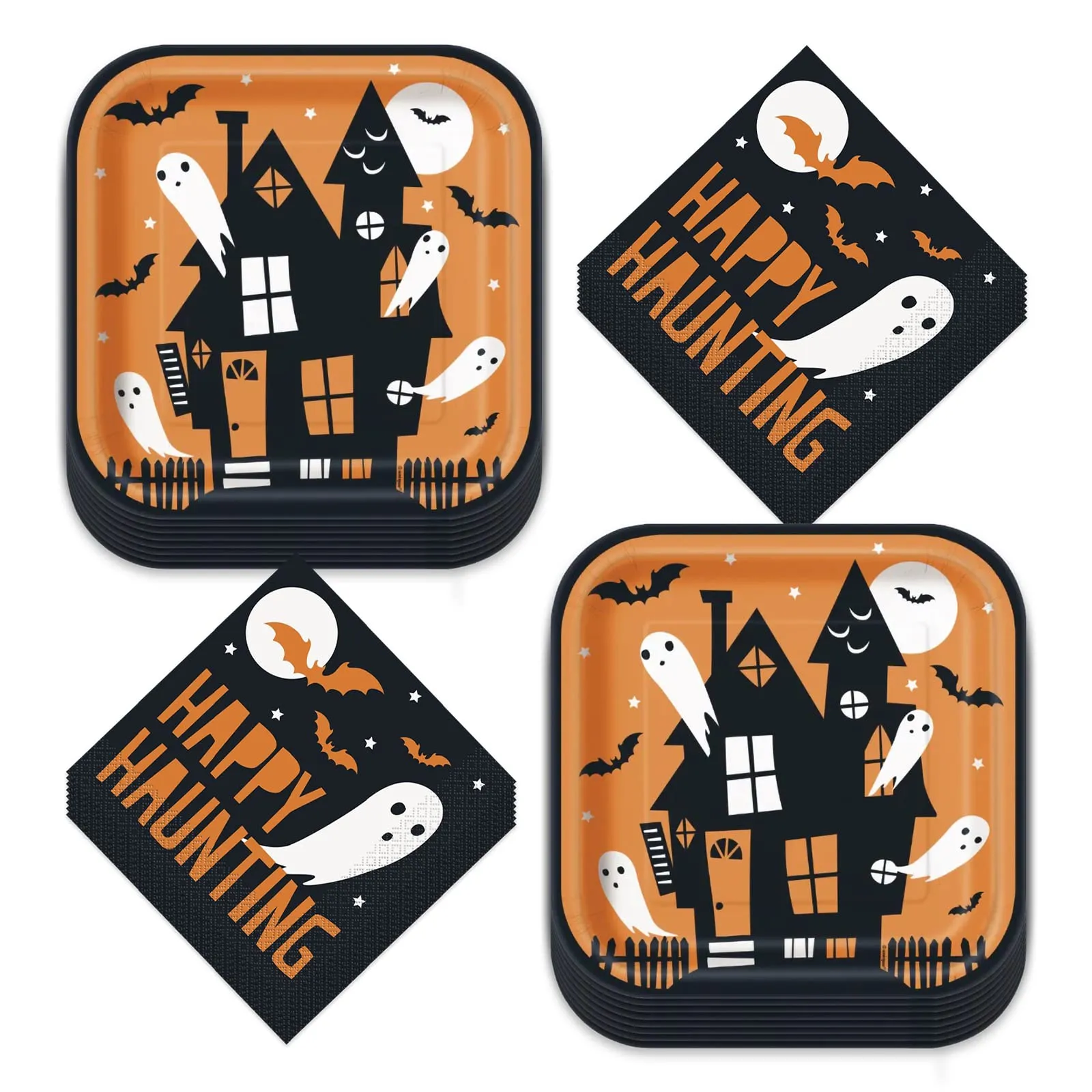 Halloween Party Happy Haunting Bats & Ghosts Square Paper Dinner Plates and Lunch Napkins (Serves 16)