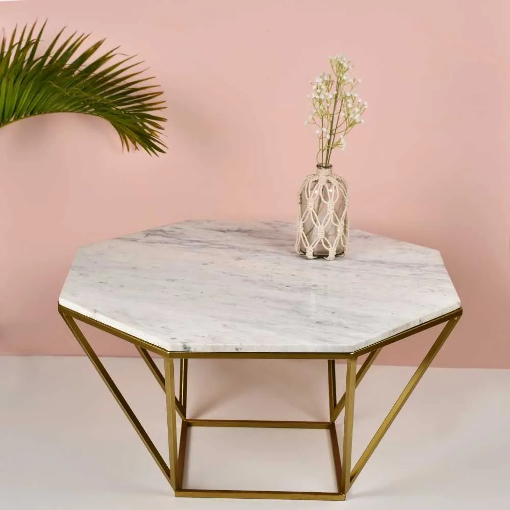 Hexagon Shape Coffee Table With Marble Table Top | Gold Finish Stand | 31"