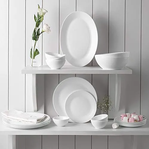 Larah by Borosil Orbit Series 19 Pieces Opalware Dinner Set, Opal Glass Dinner Plates & Bowls, Crockery Set for Dining (White)