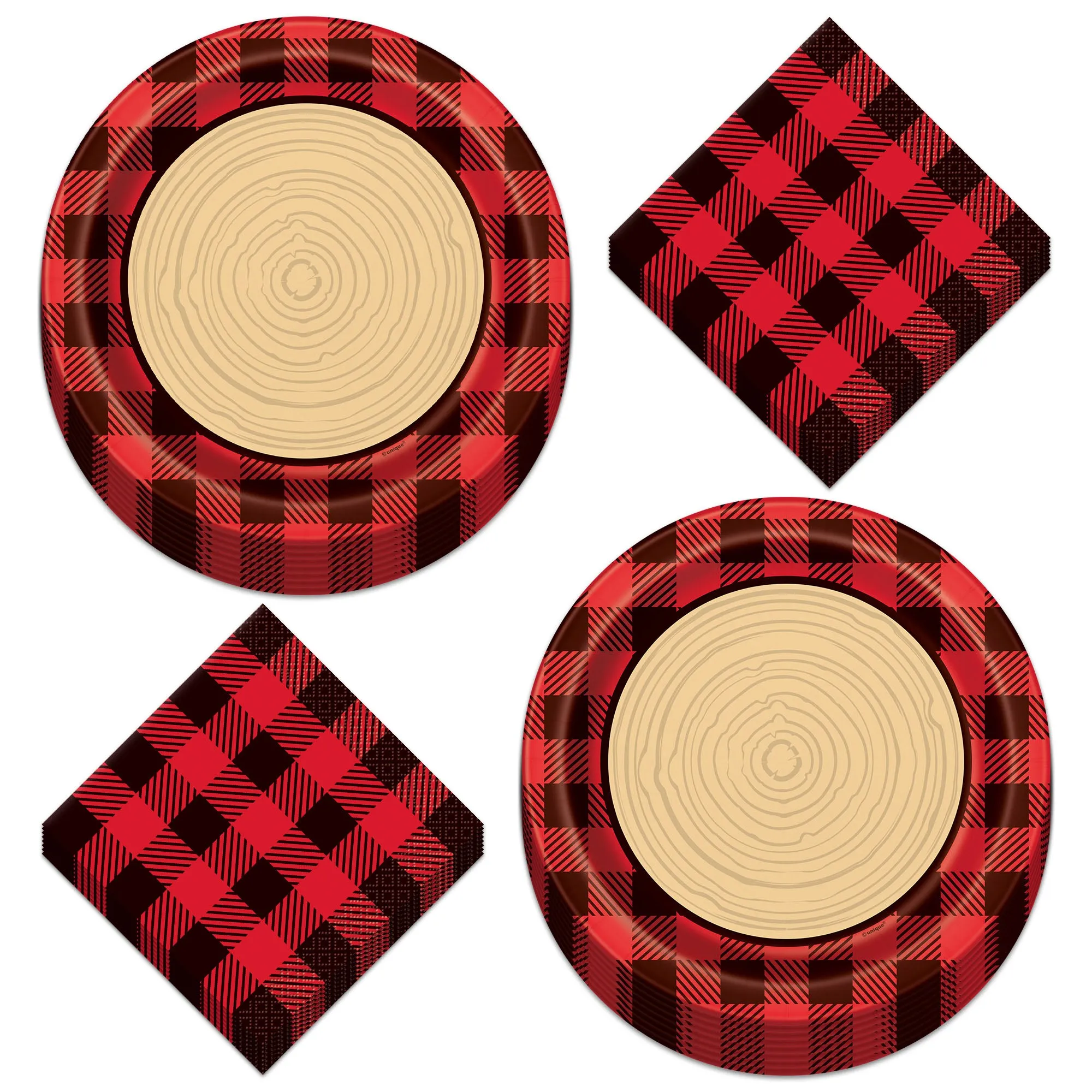 Lumberjack Party Supplies - Red and Black Buffalo Plaid & Wood Slice Paper Dinner Plates and Beverage Napkins (Serves 16)