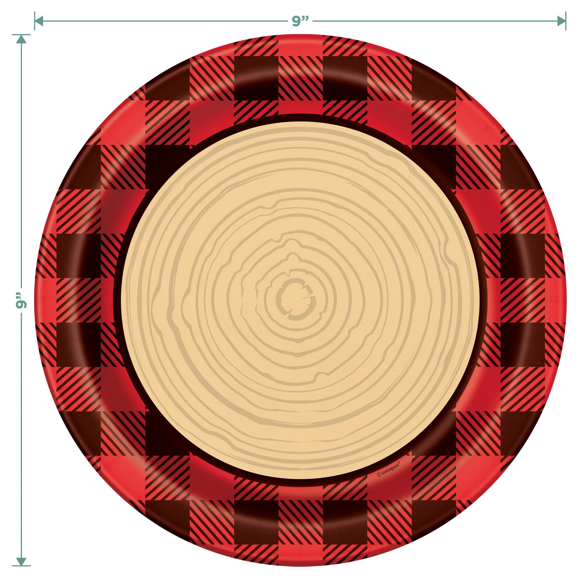 Lumberjack Party Supplies - Red and Black Buffalo Plaid & Wood Slice Paper Dinner Plates and Beverage Napkins (Serves 16)