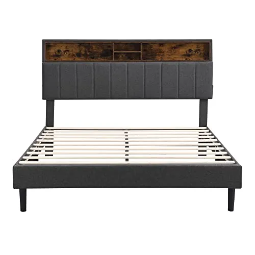 Merax Modern Upholstered Platform Bed with Storage Headboard and USB Port Wood Bed Frame No Box Spring Needed/Easy Assembly Full, Gray