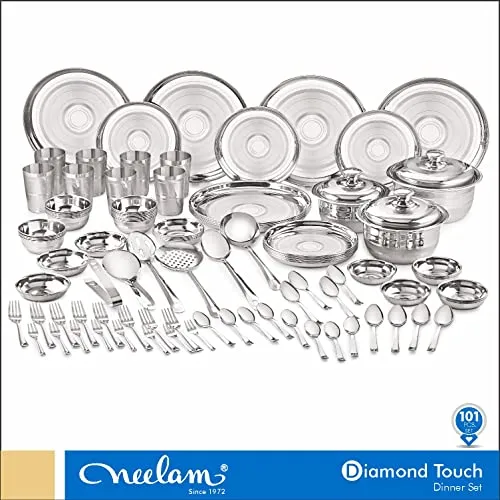 neelam Stainless Steel Checkered 24 Gauge Diamond Touch Eco Dinner Set, 101 Pcs, Silver