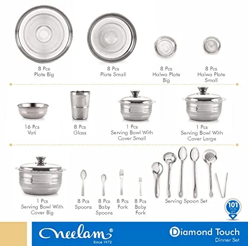 neelam Stainless Steel Checkered 24 Gauge Diamond Touch Eco Dinner Set, 101 Pcs, Silver
