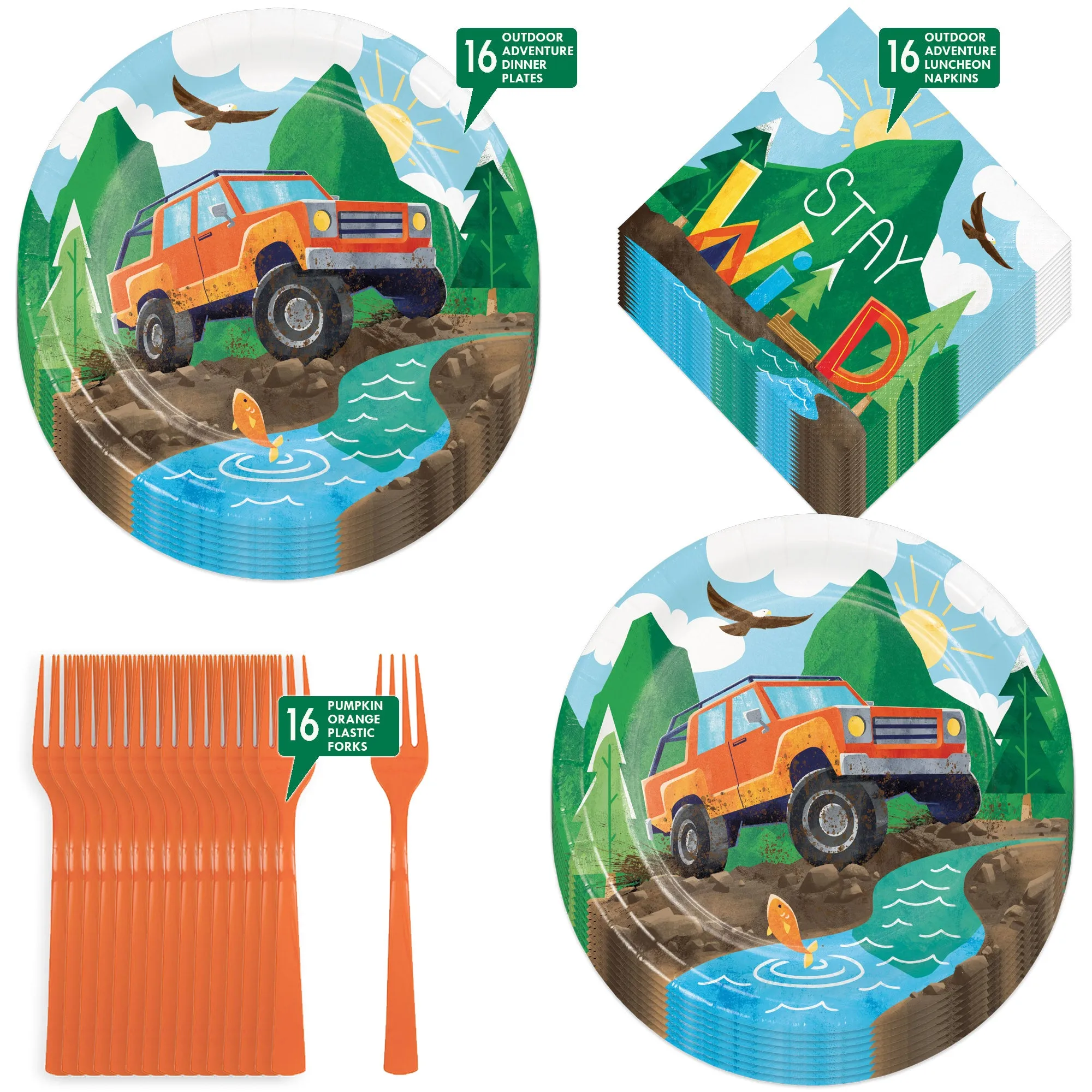 Outdoor Adventure & Explorer Stay Wild Camping Paper Plates, Napkins, & Forks (Serves 16)