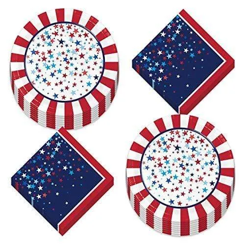 Patriotic Party Supplies for 4th of July, Memorial Day, and Veteran's Day (Patriotic American Pride Star Confetti and Stripes Paper Dinner Plates and Luncheon Napkins)