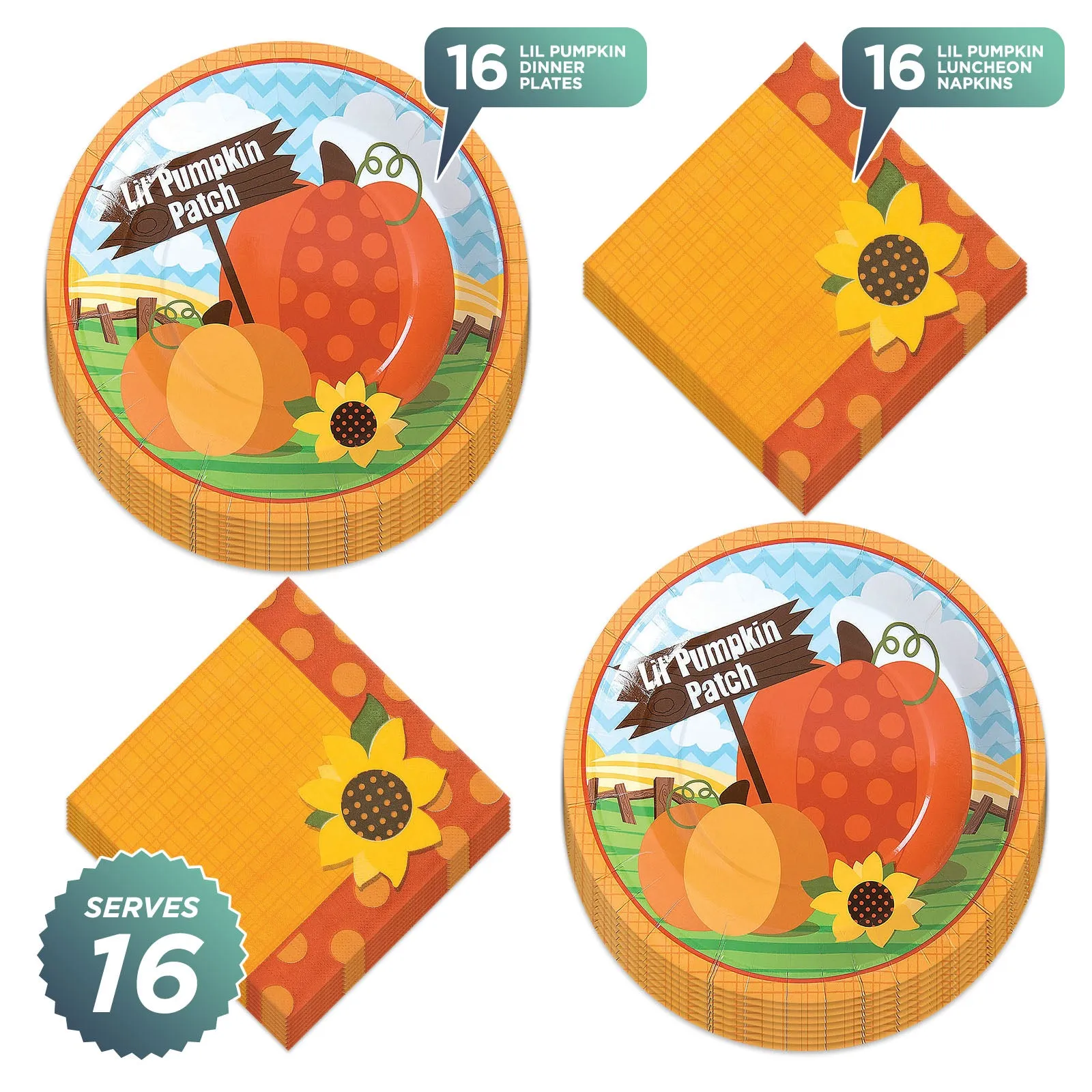 Pumpkin and Sunflower Paper Dinner Plates and Lunch Napkins for Fall Party (Serves 16)