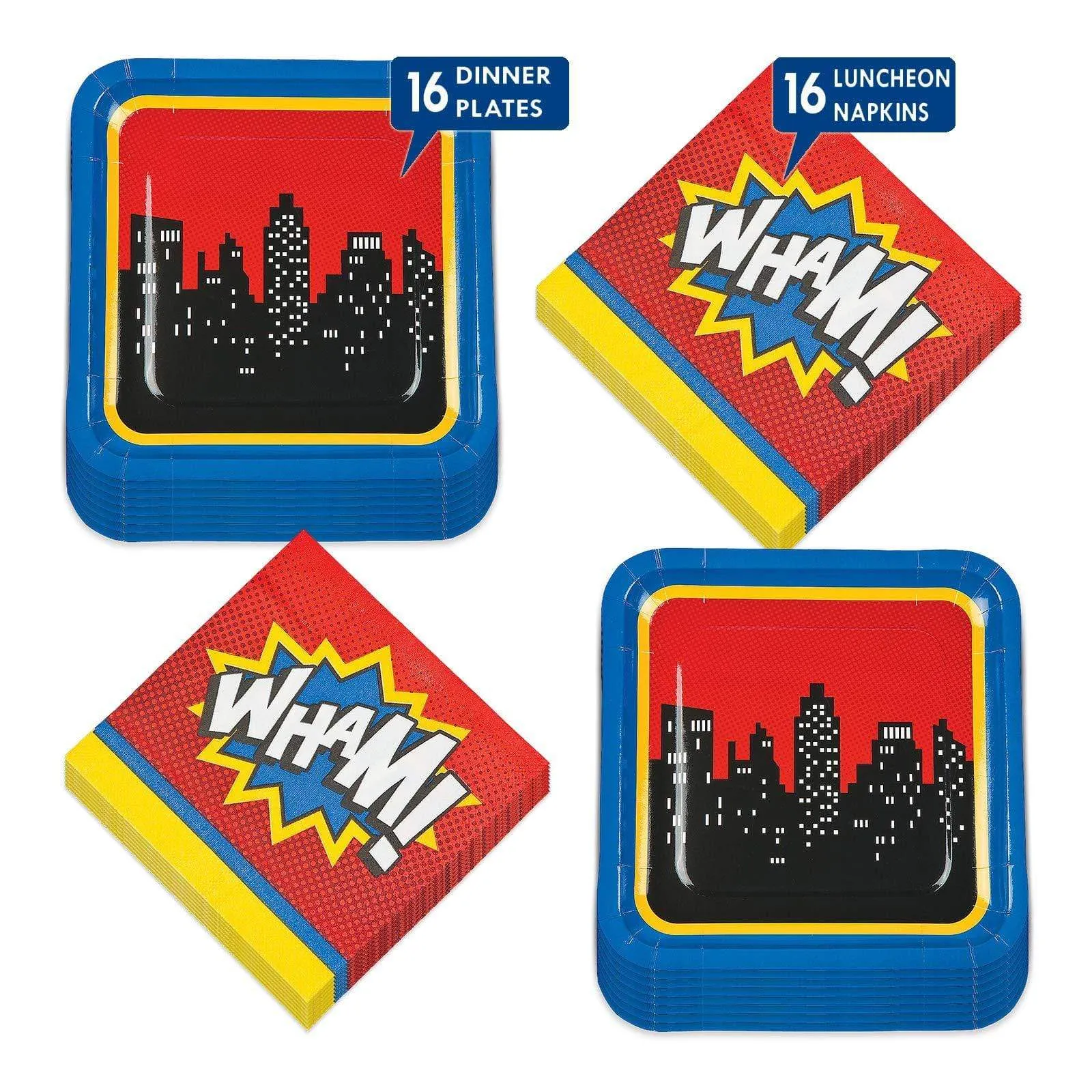 Superhero Action Paper Dinner Plates and Lunch Napkins (Serves 16)