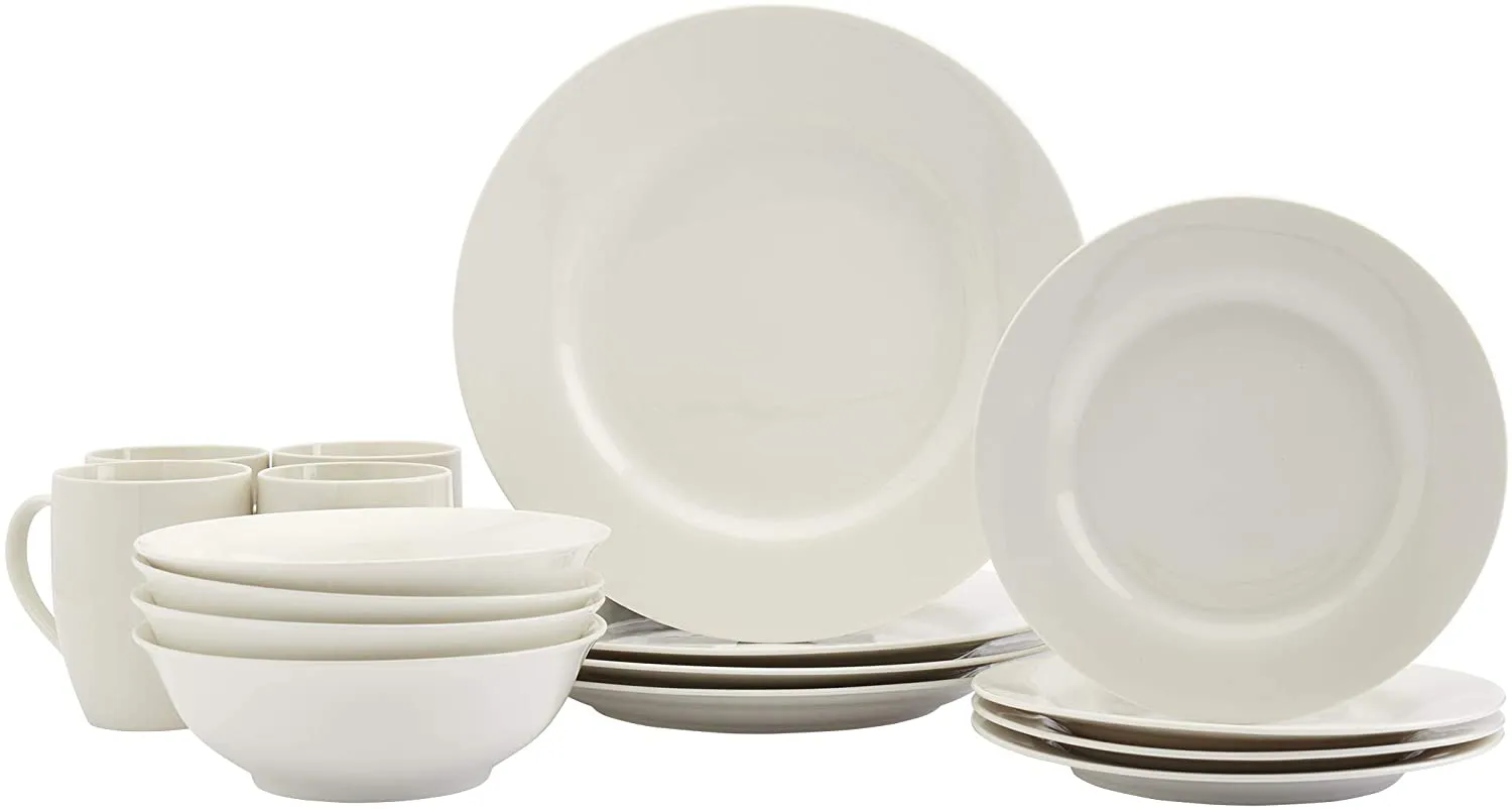 Tabletops Gallery White Dinnerware Set with Plate, Salad Plate, Cereal Bowl, and Mug (Service for 4), Elizabeth 16 Piece Dinnerware Set