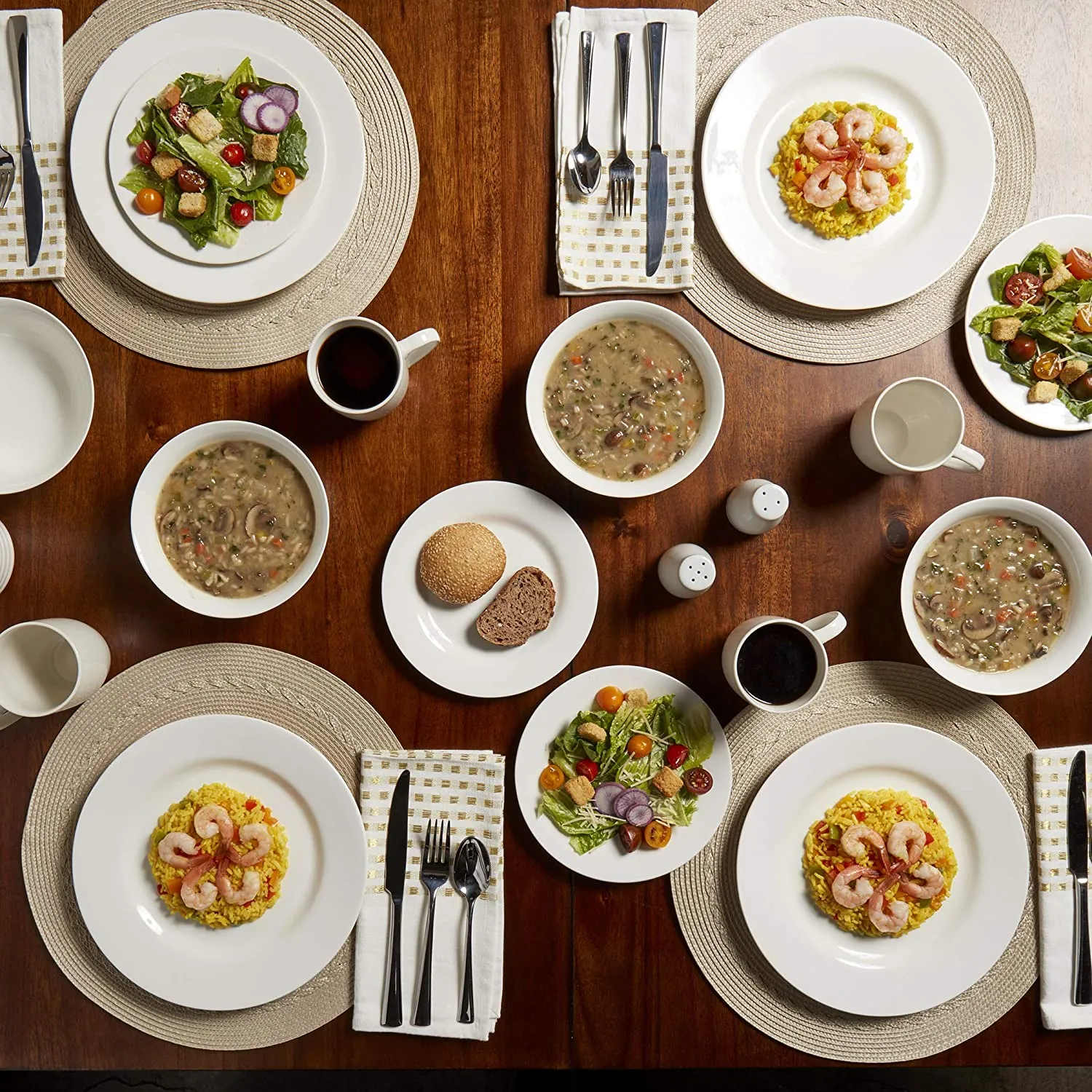 Tabletops Gallery White Dinnerware Set with Plate, Salad Plate, Cereal Bowl, and Mug (Service for 4), Elizabeth 16 Piece Dinnerware Set