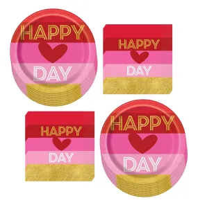 Valentine's Day Party Supplies - Valentine Fiesta Paper Plates and Napkins (Serves 16) (Gold and Pink Happy Valentine's Dinner Plates and Luncheon Napkins)