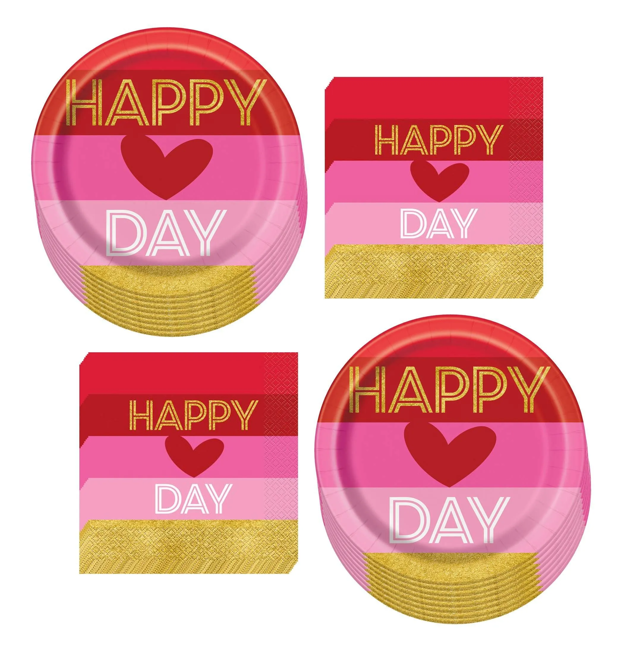 Valentine's Day Party Supplies - Valentine Fiesta Paper Plates and Napkins (Serves 16) (Gold and Pink Happy Valentine's Dinner Plates and Luncheon Napkins)